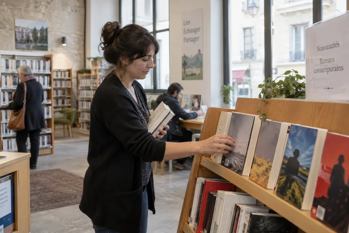 Bibliothécaire dispose des romans récents sur une table de nouveautés