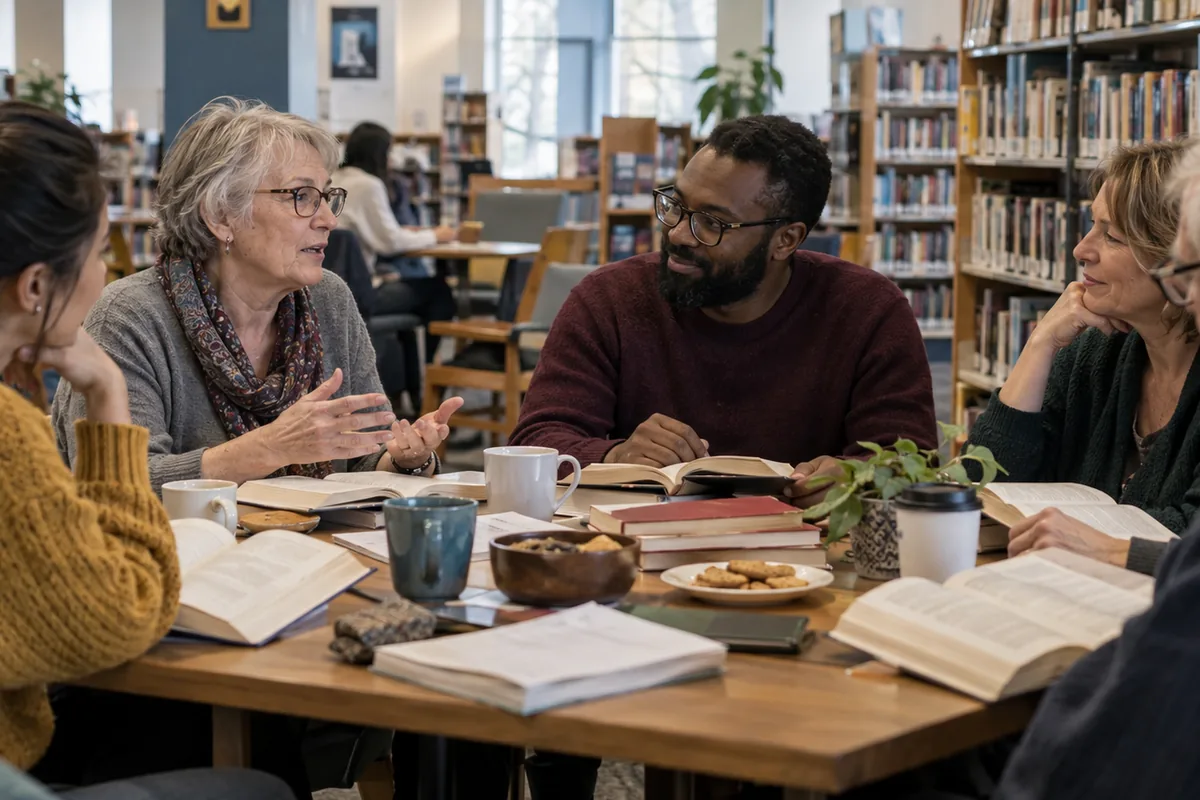 Lecteurs de plusieurs générations échangent autour de livres dans une bibliothèque
