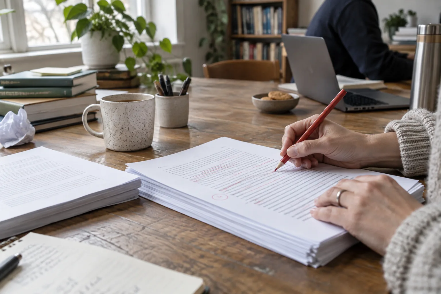 Correctrice annotant au crayon rouge les pages d’un manuscrit