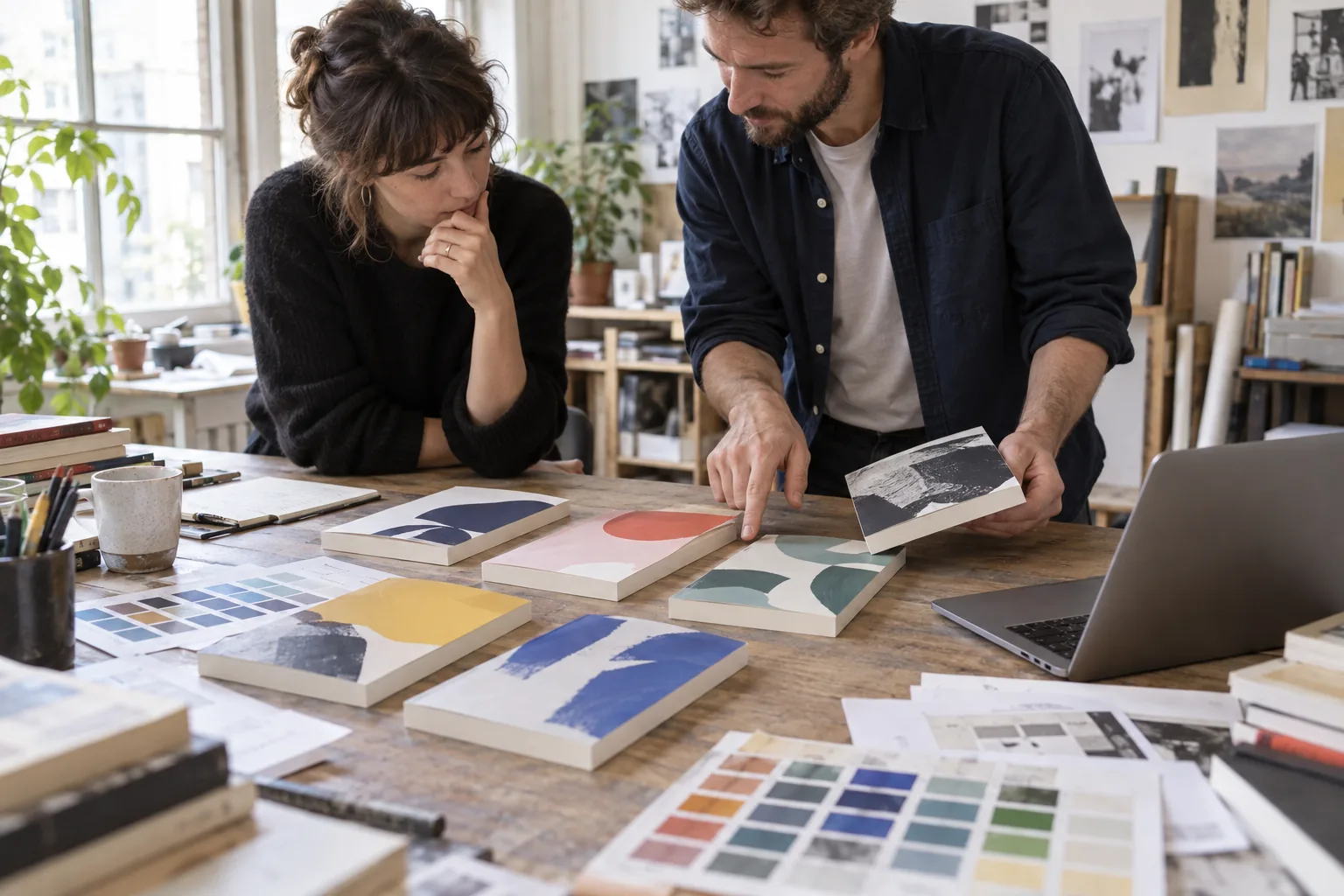 Deux graphistes comparant plusieurs maquettes de couverture