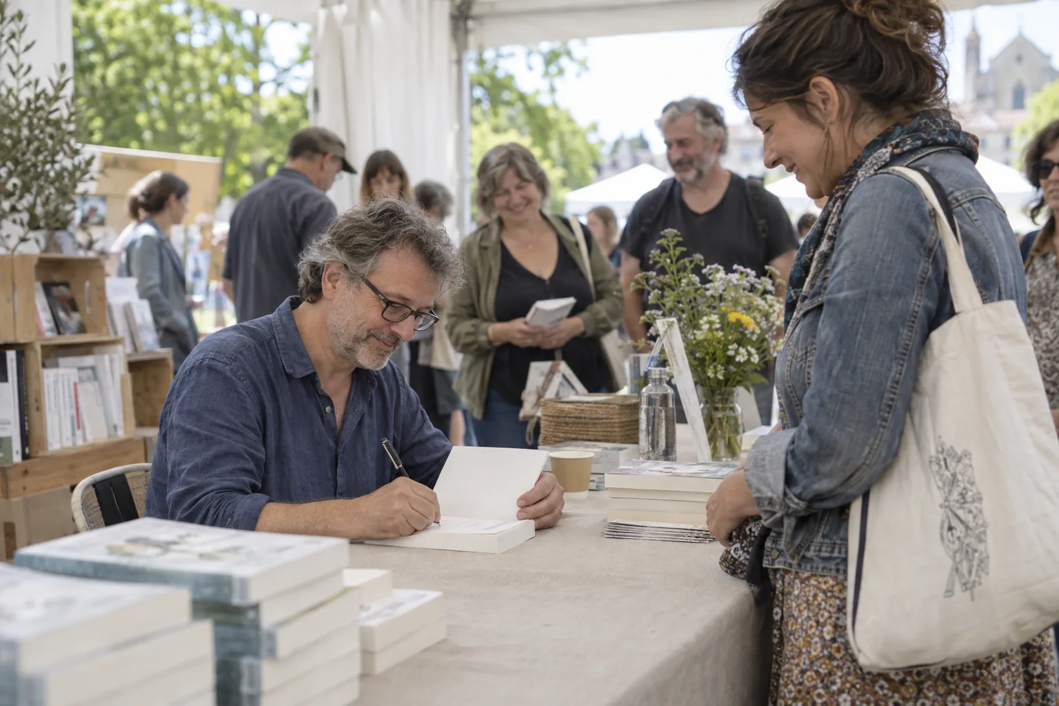 Auteur dédicaçant un livre pour une lectrice lors d’un salon