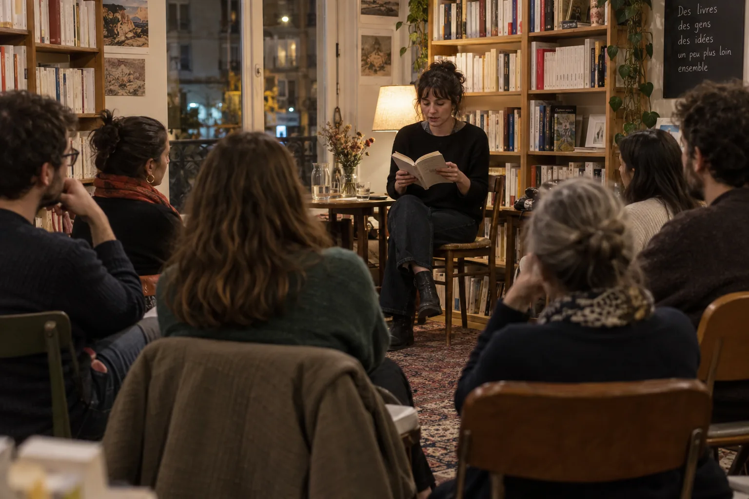 Autrice lisant son livre devant un petit groupe dans une librairie