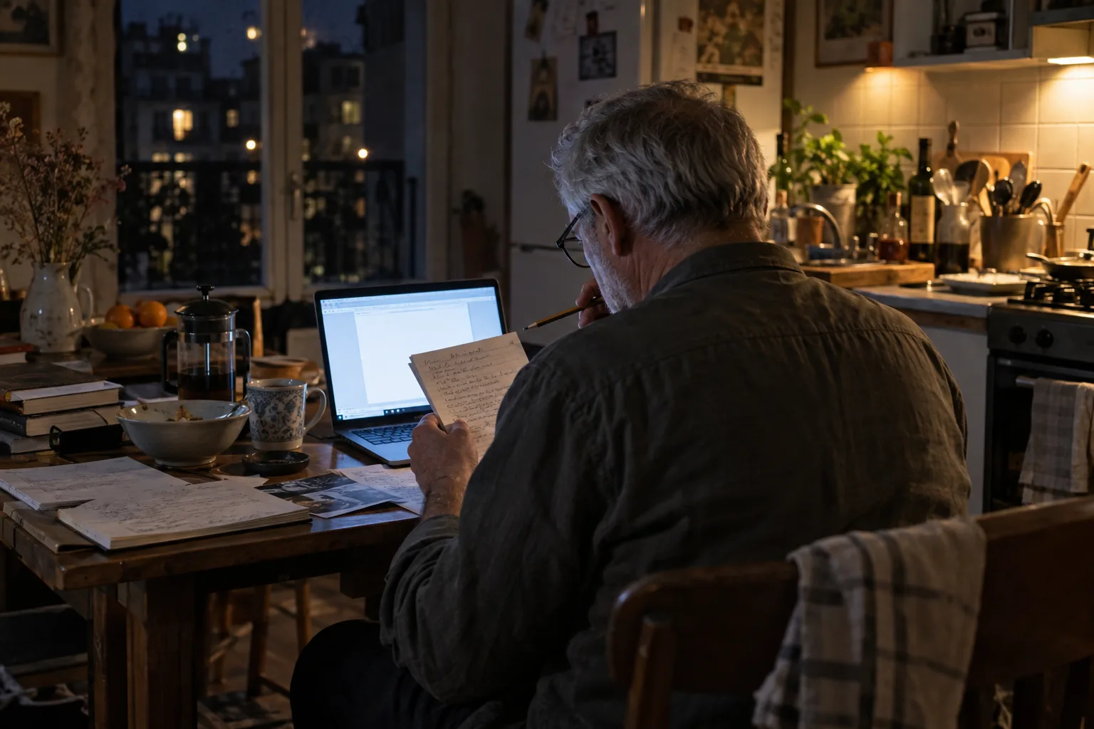 Écrivain relisant ses notes près d’un ordinateur, le soir chez lui