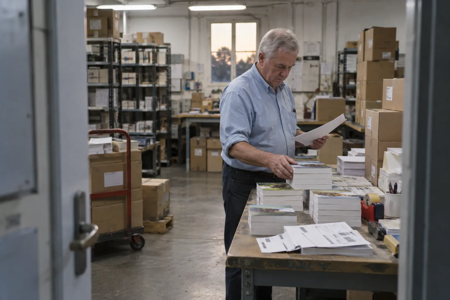 Employé vérifiant des exemplaires et documents dans un atelier de livres