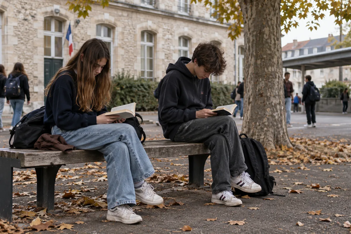 Deux adolescents lisent sur un banc pendant une pause