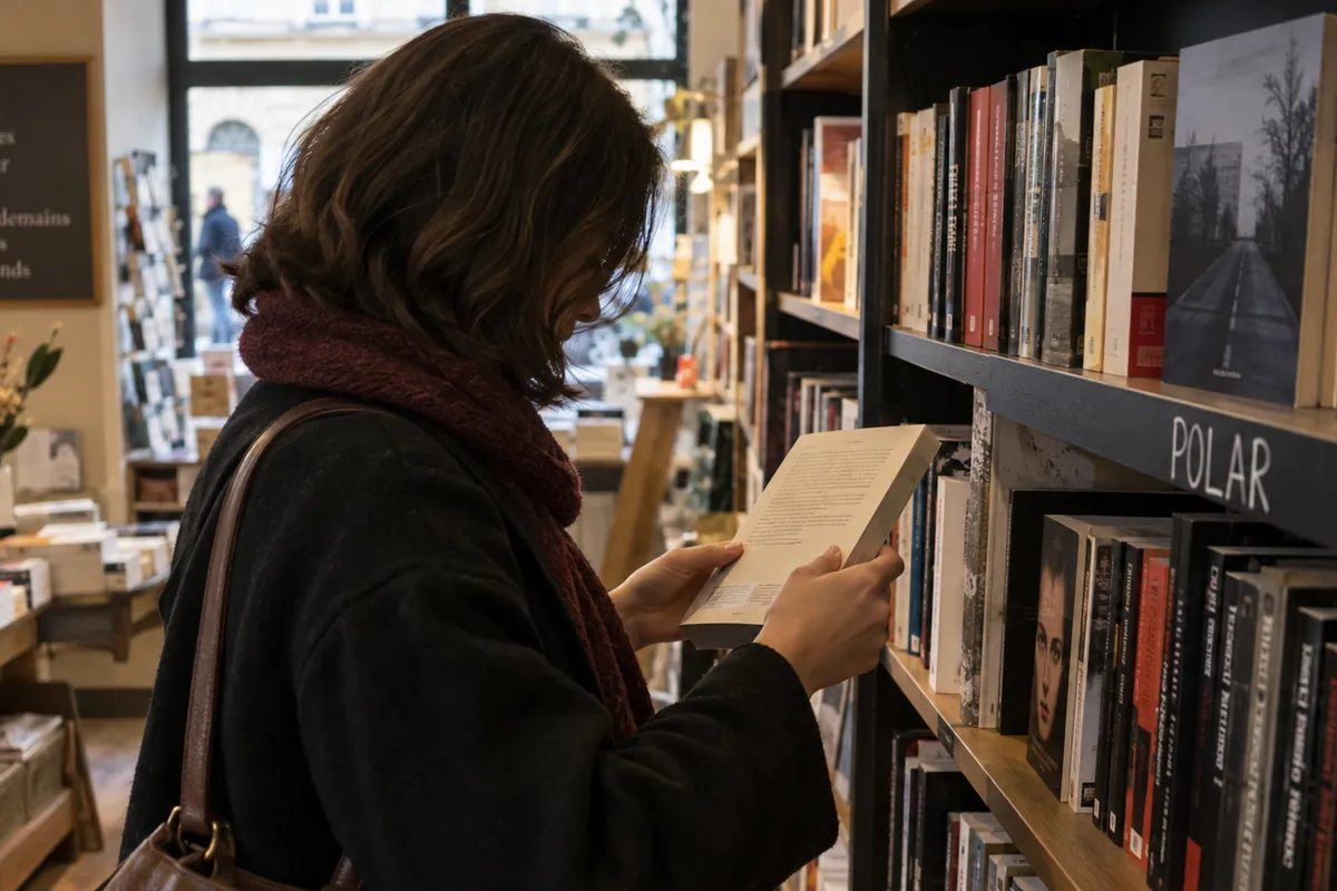 Lectrice parcourt le rayon des romans policiers en librairie