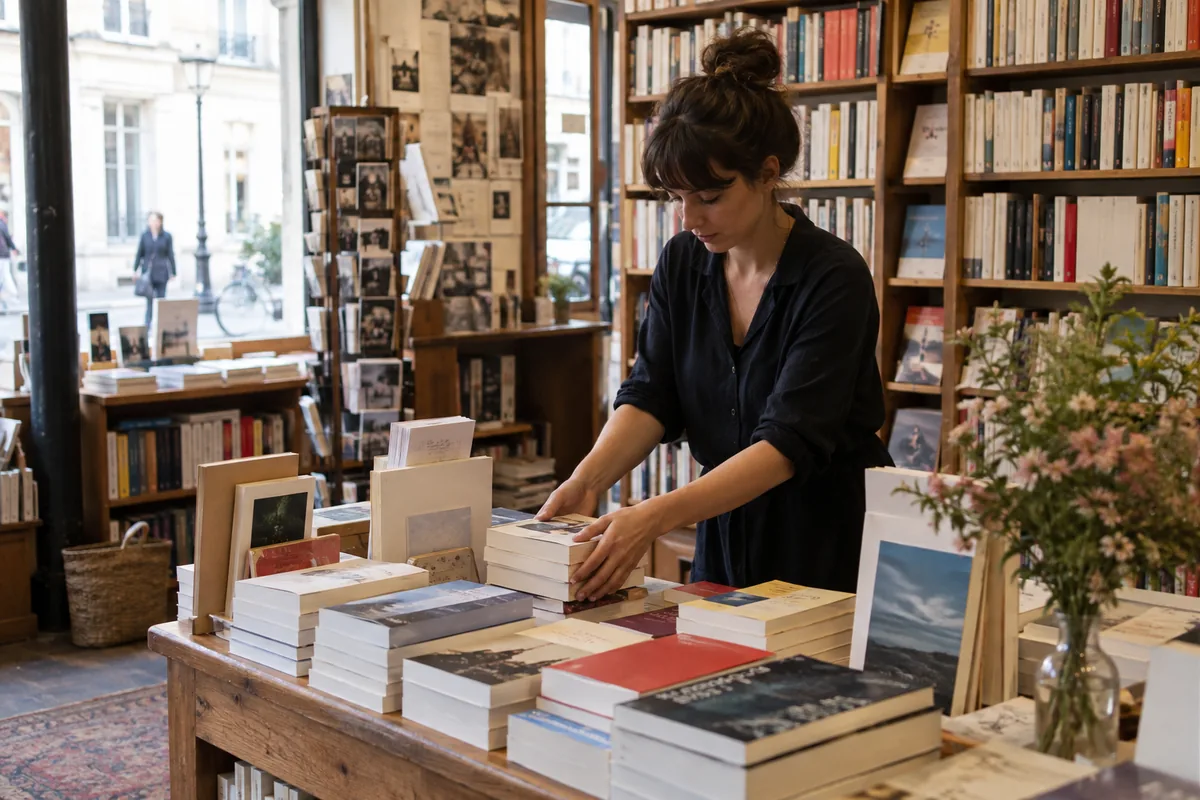 Libraire installant des nouveautés sur une table de présentation