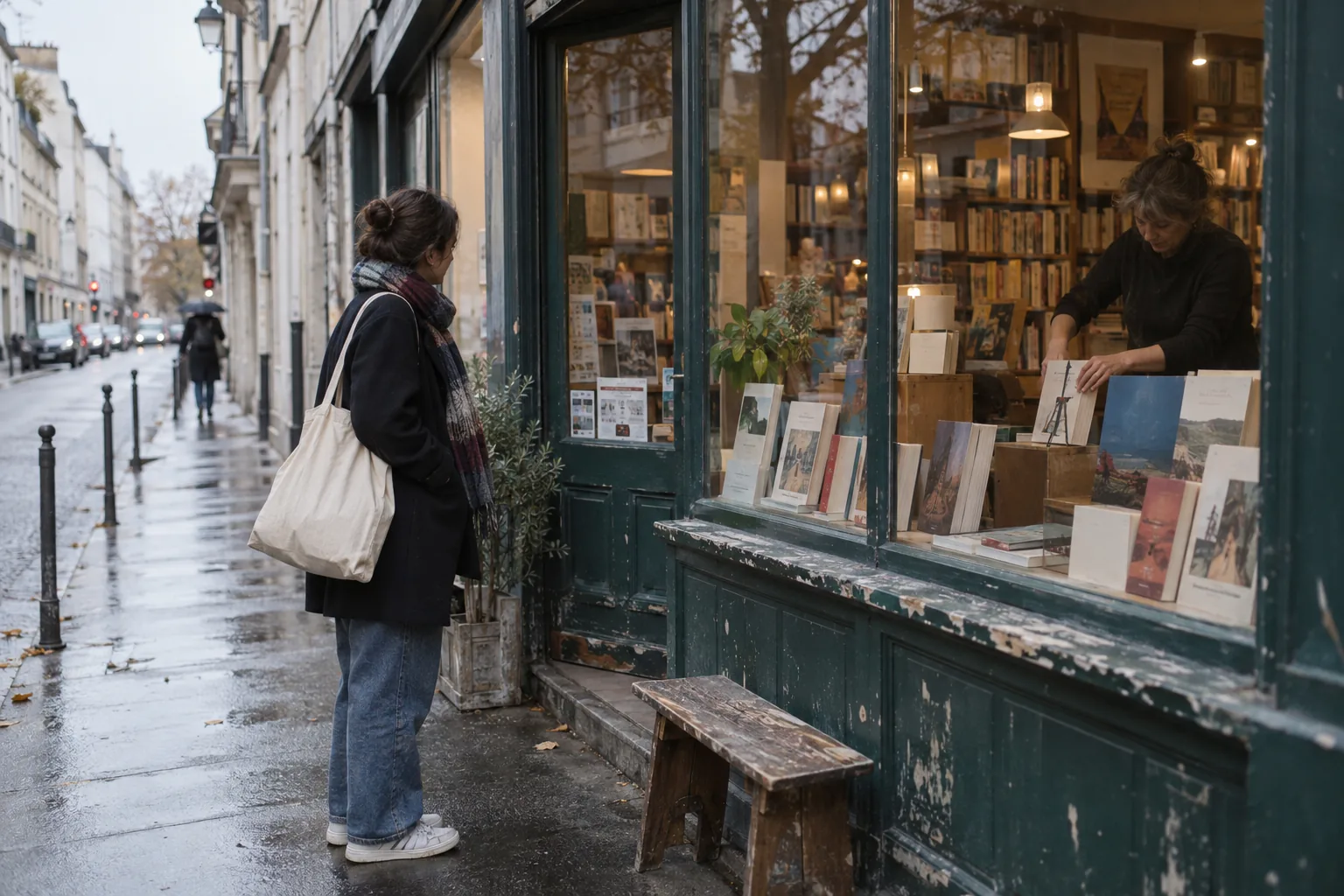 Passante regardant la vitrine d’une librairie indépendante sous la pluie