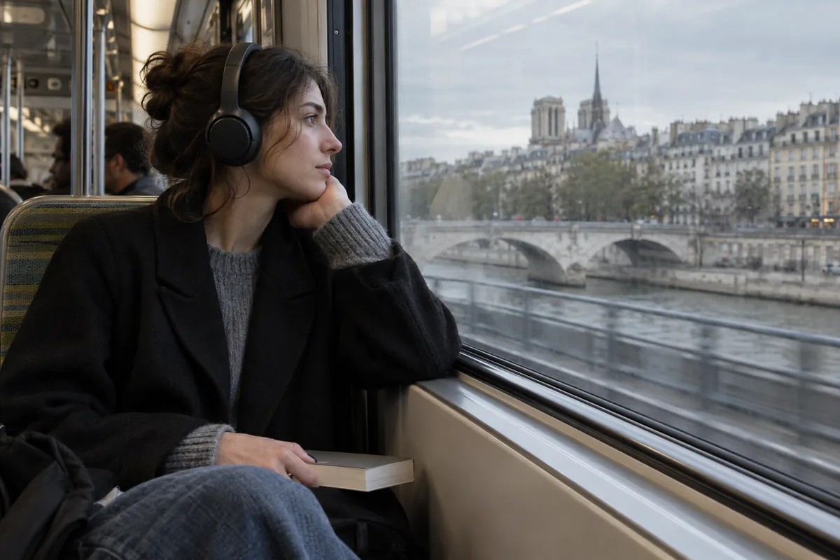 Voyageuse écoute un livre audio au casque dans les transports parisiens