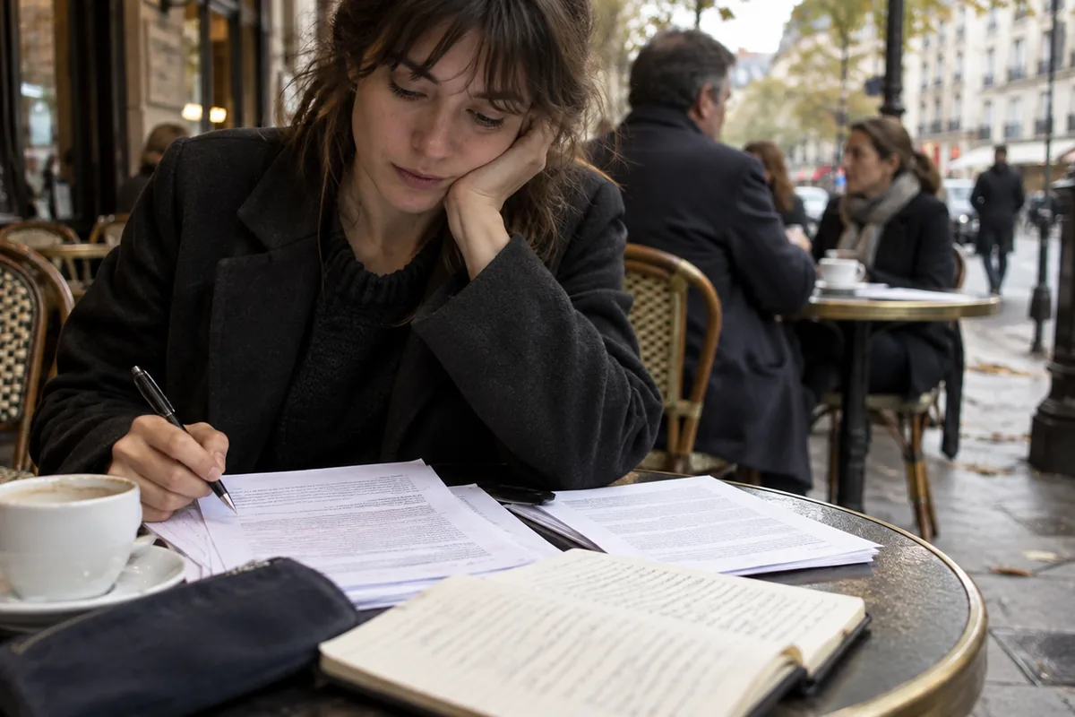 Jeune autrice relisant des pages annotées à la terrasse d’un café