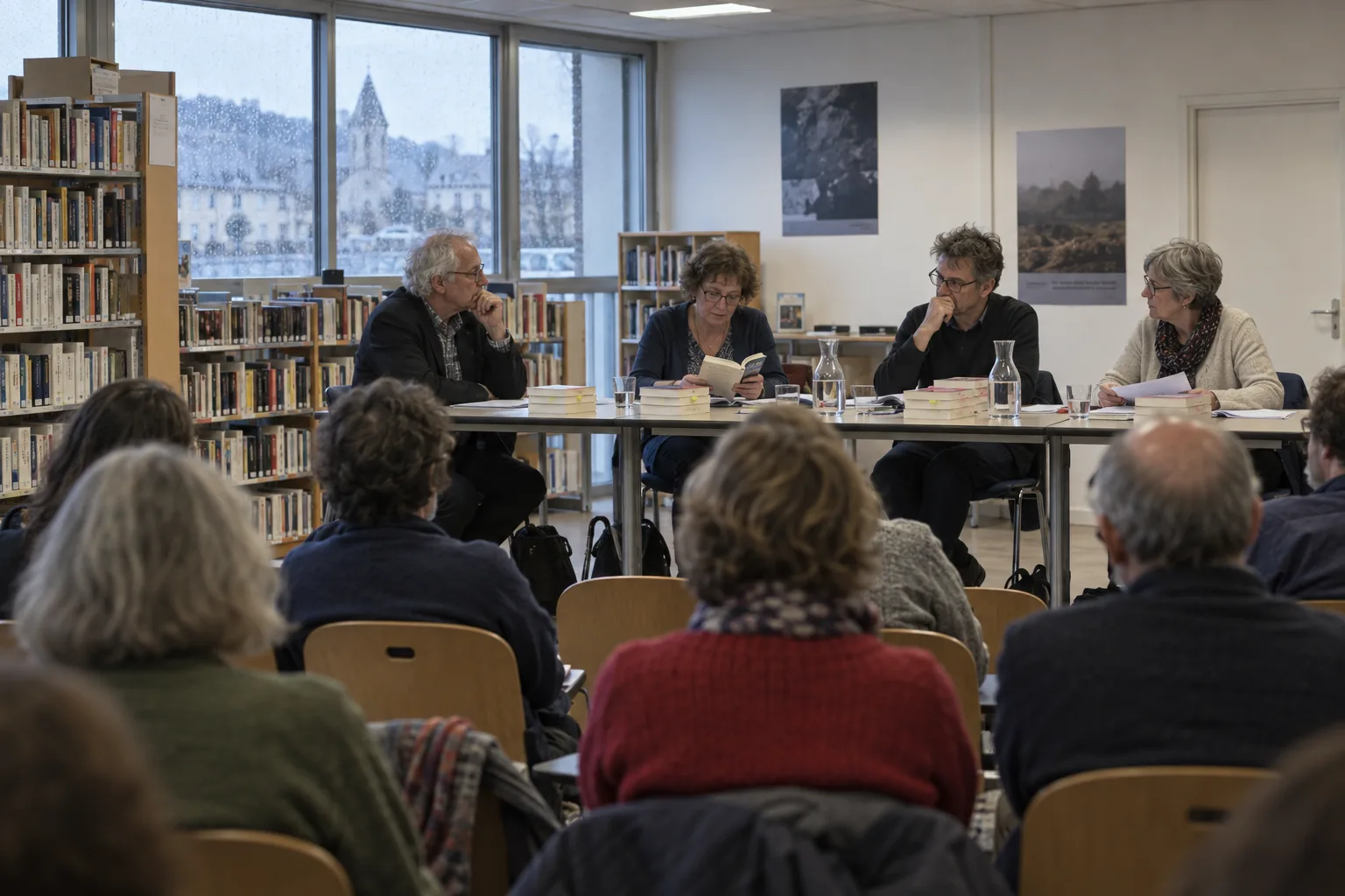 Lecteurs réunis autour d’une table de discussion dans une bibliothèque
