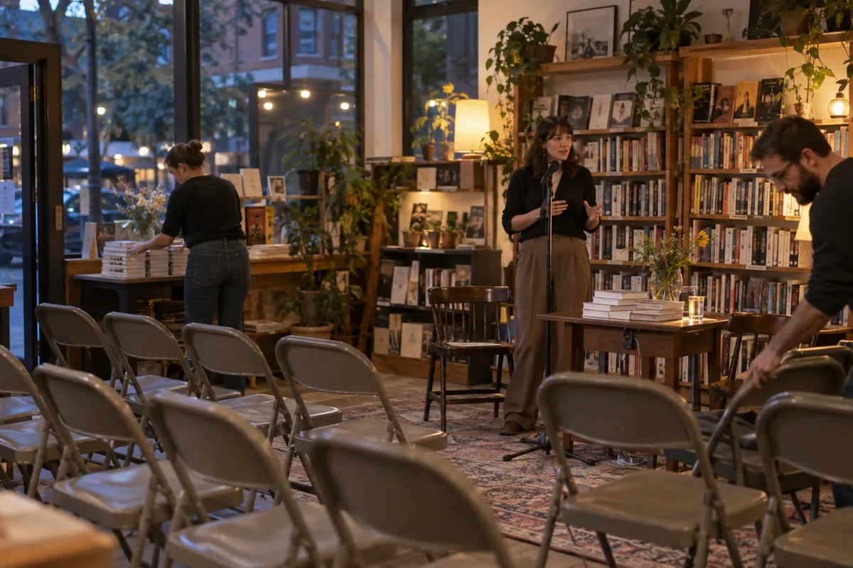 Une équipe prépare les chaises et les livres avant une rencontre en librairie