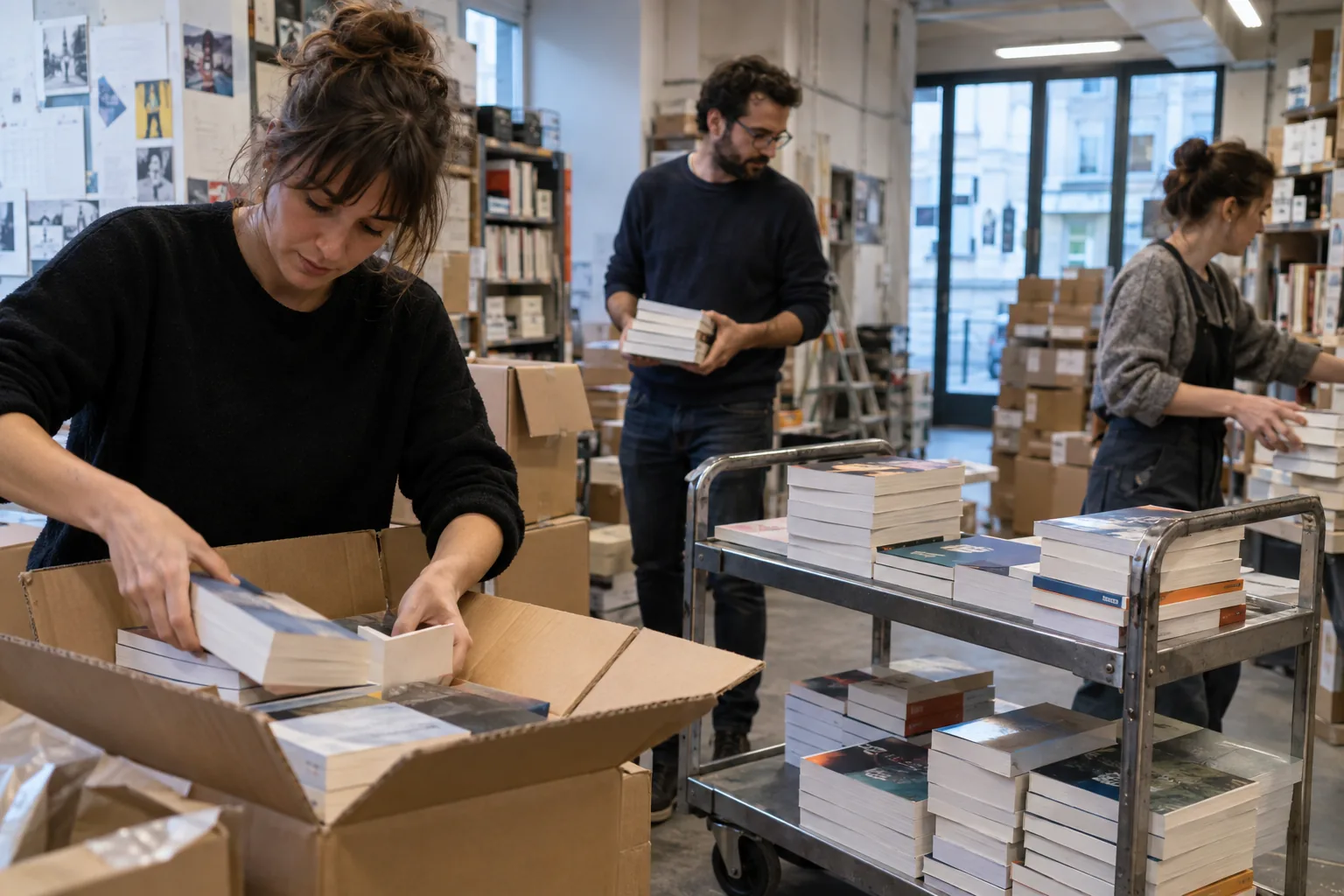 Équipe de librairie déballant et classant les nouveaux livres