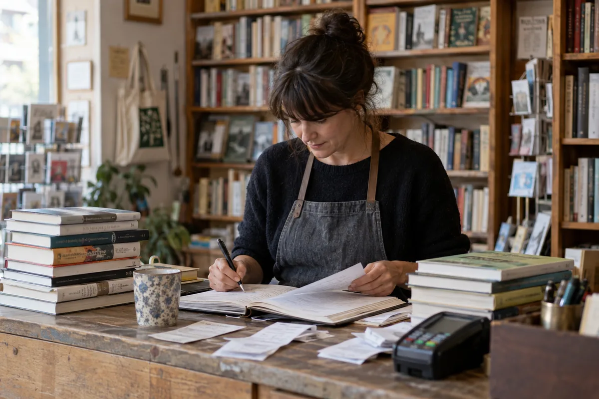 Libraire examine ses commandes et ses piles de livres derrière le comptoir